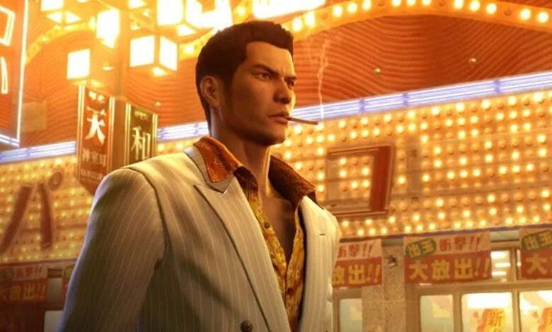 Character from Yakuza 0 smoking in a vibrant, neon-lit street.