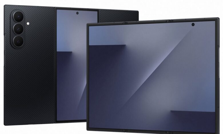 Foldable phone with three screens, showing camera and unfolded display.