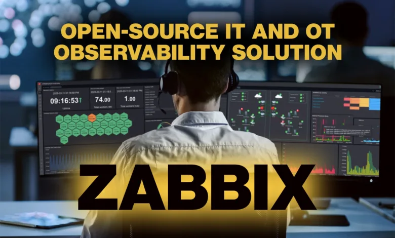 Person monitoring Zabbix IT and OT observability solution on multiple screens.