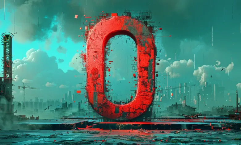 Large red 'O' with digital glitch effect against a cityscape backdrop.