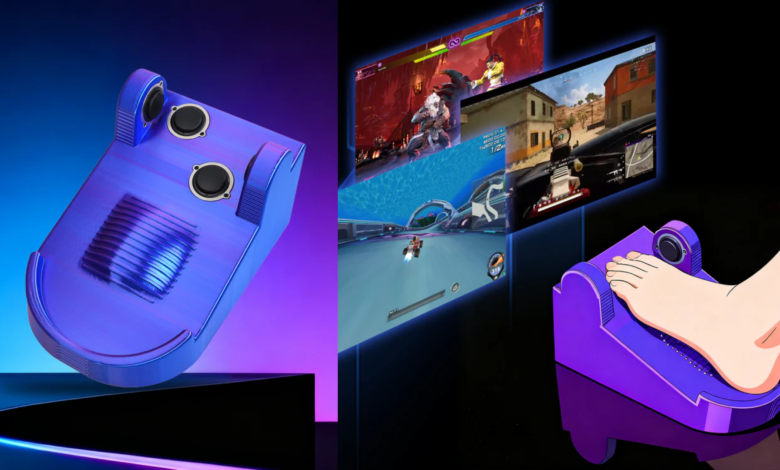 Foot-controlled gaming device with speaker and gameplay screens.