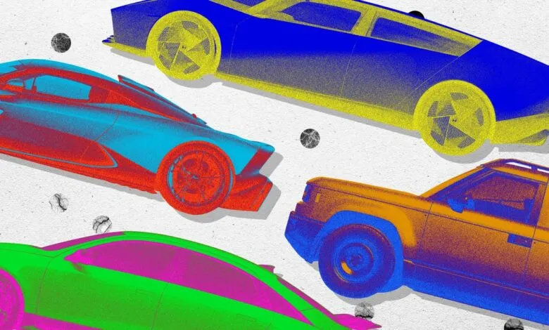 Abstract illustration of four cars in vibrant, contrasting colors on textured background.