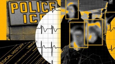 Collage of police badge, medical history form, EKG, and body scan in yellow and black.