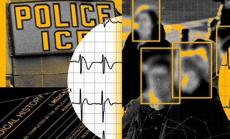 Collage of police badge, medical history form, EKG, and body scan in yellow and black.