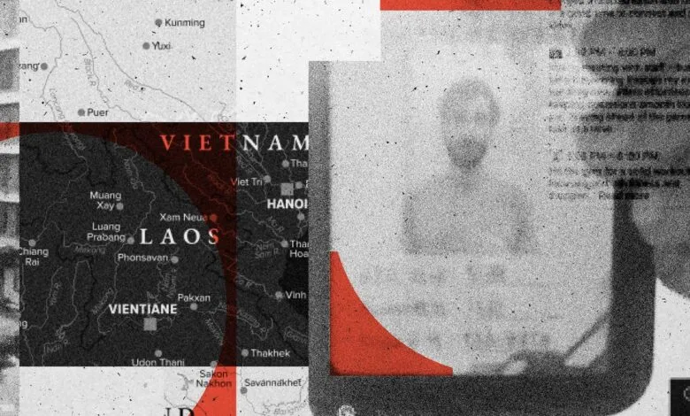 Abstract collage featuring map of Laos, building facade, and social media text.