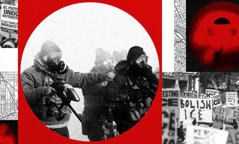 Collage featuring ICE protest imagery, gas-masked figures, and graphic elements.