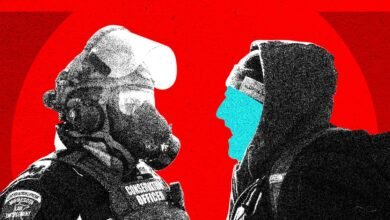 Stylized image of conservation officer facing hooded figure with blue face.