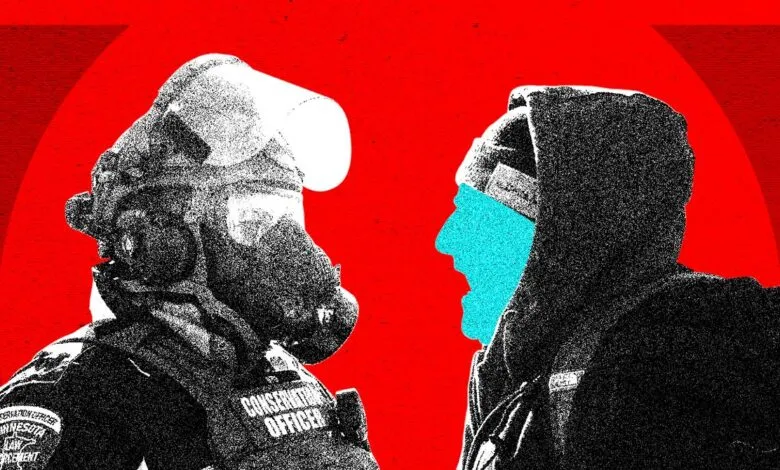 Stylized image of conservation officer facing hooded figure with blue face.