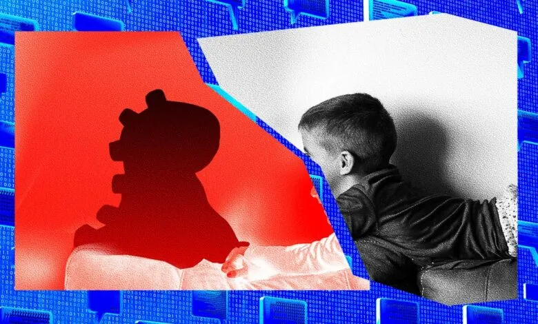 Abstract image of child interacting with AI toy, split color scheme.