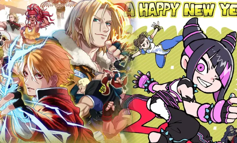 Street Fighter characters celebrate the New Year in a vibrant, colorful banner.