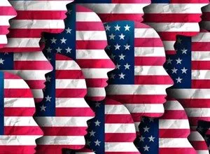 Silhouettes of faces filled with the American flag pattern, repeated across the image.