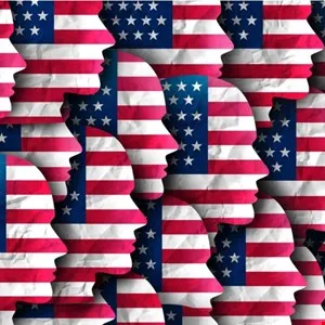 Silhouettes of faces filled with the American flag pattern, repeated across the image.