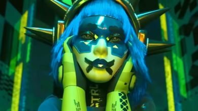 Cyberpunk-style figure with blue hair and robotic faceplate.