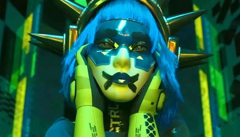 Cyberpunk-style figure with blue hair and robotic faceplate.