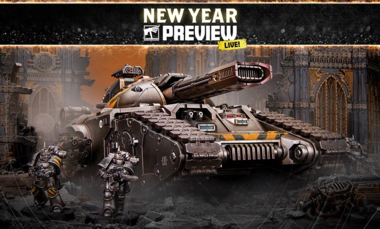 Warhammer 40k tank and space marines against a ruined city backdrop.