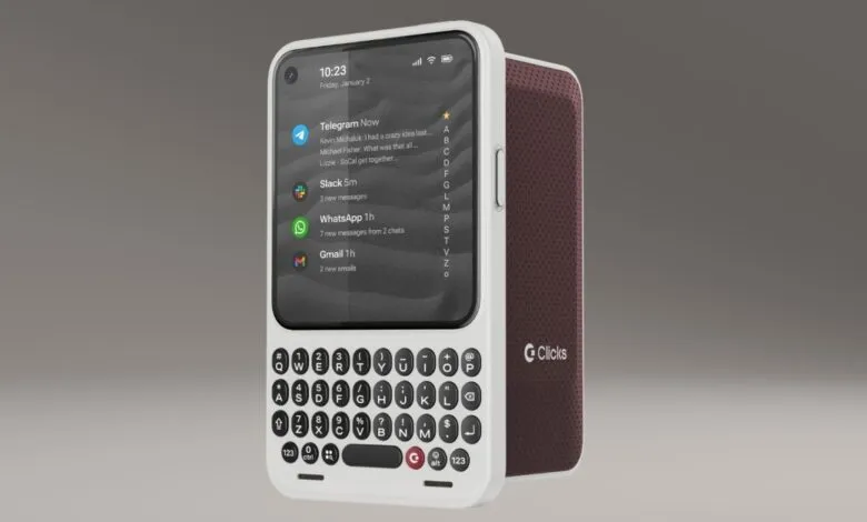 Clicks iPhone keyboard case with screen showing notifications.