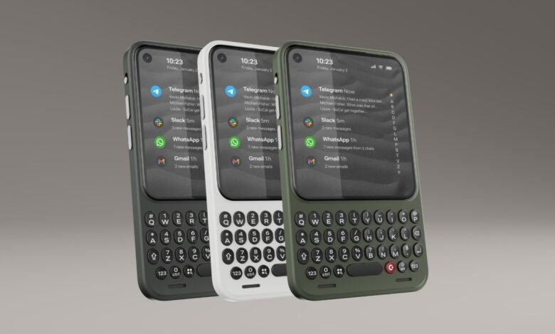 Three smartphones in onyx, smoke, and clover finishes with QWERTY keyboards.