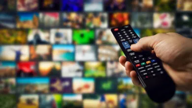 Hand holding remote control with streaming service thumbnails in background.