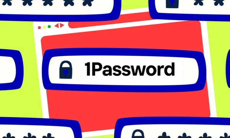 1Password logo on a red and green background with password symbols.