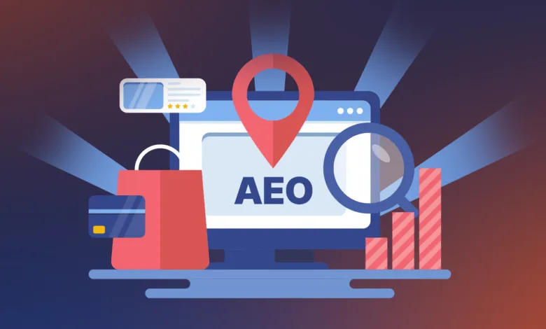 AEO concept with computer, shopping bag, credit card, and magnifying glass.