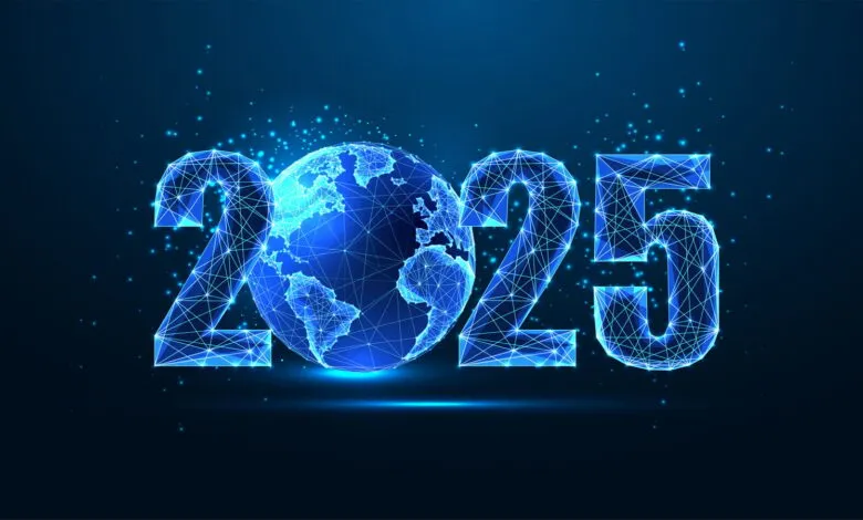 Digital artwork of '2025' with Earth globe replacing the zero.