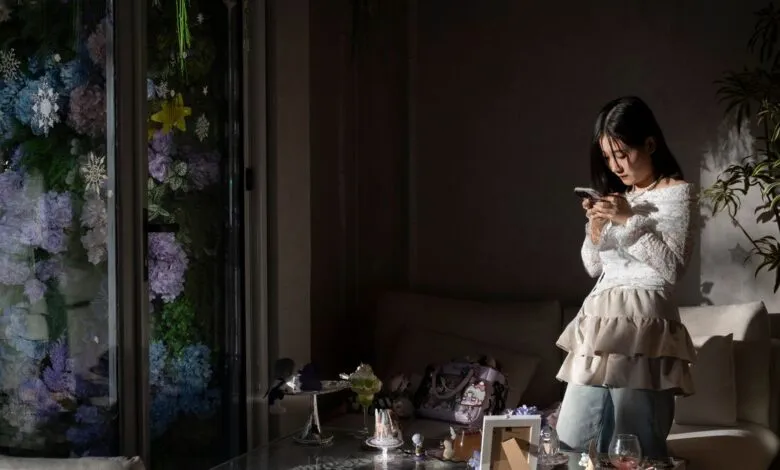 Woman in white lace top uses phone in dimly lit cafe.