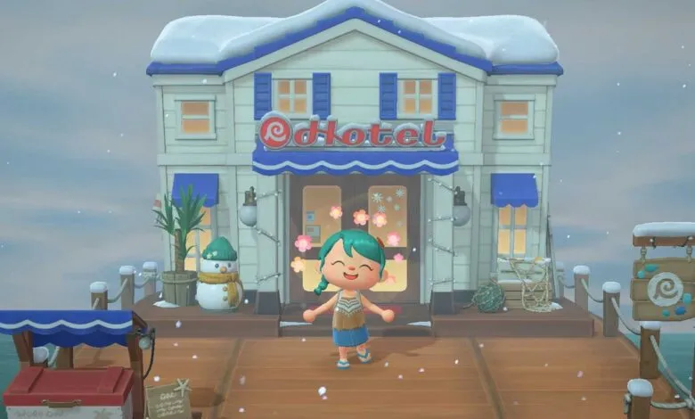 Animal Crossing character stands before the 'O'Hotel' in snowy weather.