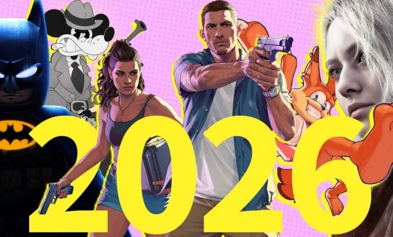Video game characters and logos arranged around the year 2026.