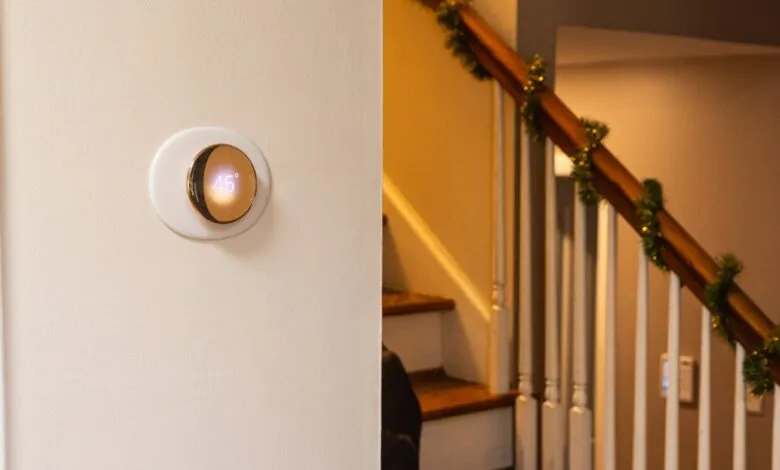 Nest Learning Thermostat on wall displaying 45 degrees, stairs with garland nearby.