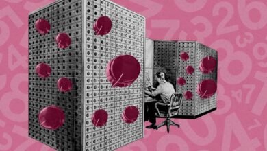 Vintage computer with operator and floating knobs on pink number background.