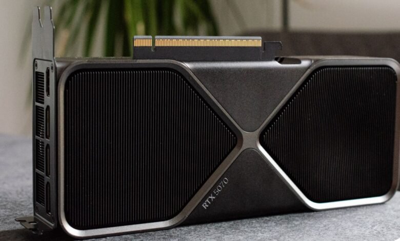 Nvidia RTX 5070 graphics card with black and silver design.