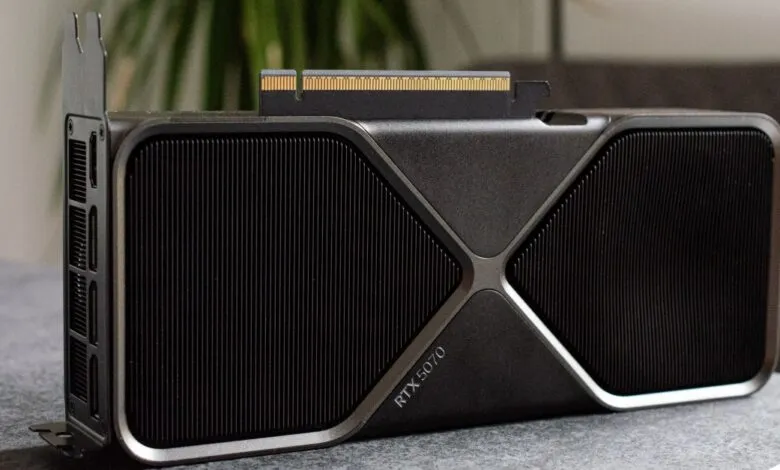 Nvidia RTX 5070 graphics card with black and silver design.