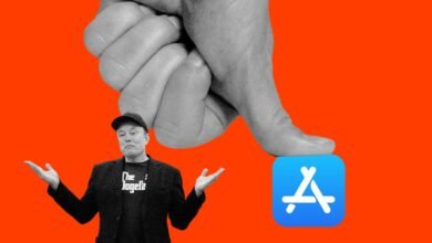 Elon Musk shrugging next to Apple App Store logo being crushed by a hand.
