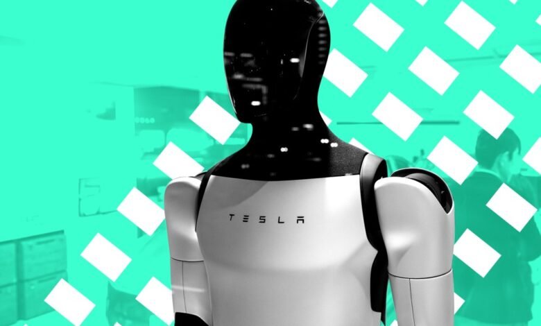 Tesla Optimus robot torso with black head and white body against a teal background.