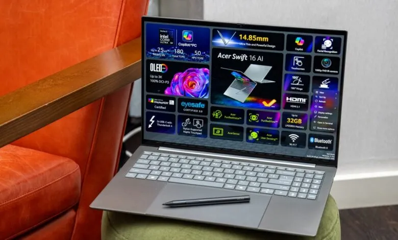 Acer Swift 16 AI laptop showcasing its features and design elements.