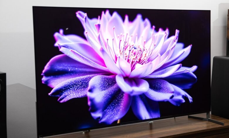Sony Bravia TV displaying a vibrant purple flower on a dark background.