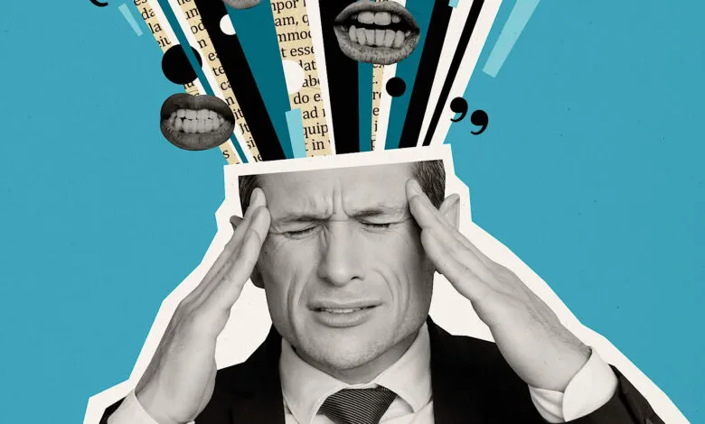 Collage of man with headache, hands on temples, overwhelmed by words and mouths.