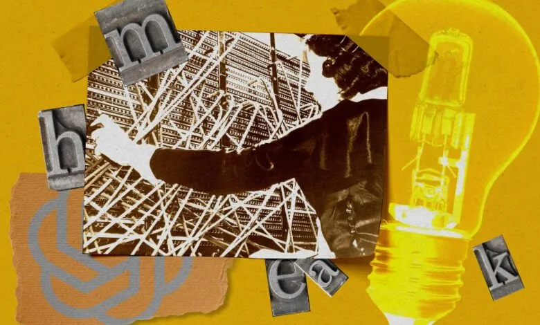 Collage with vintage photo, lightbulb, and letterpress type on yellow background.