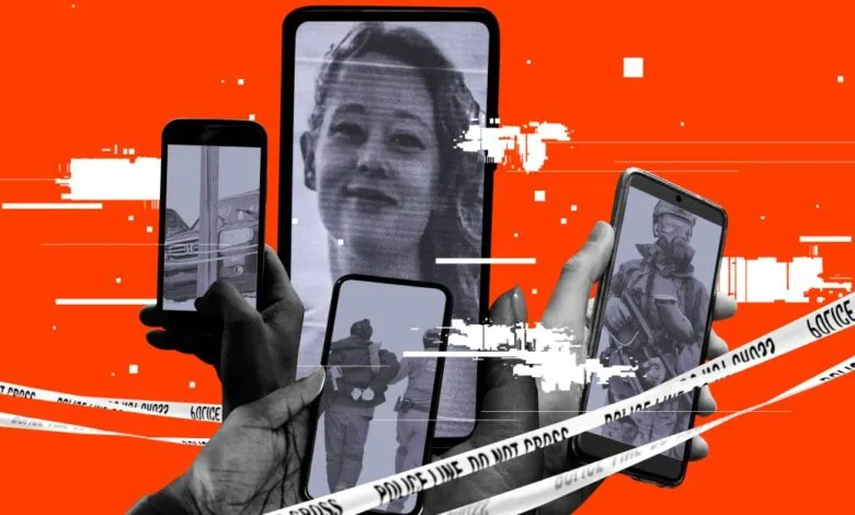 Multiple phones display images of crime scenes and a young woman's face.