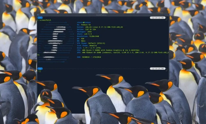 Fedora Linux desktop with penguin wallpaper and system information.