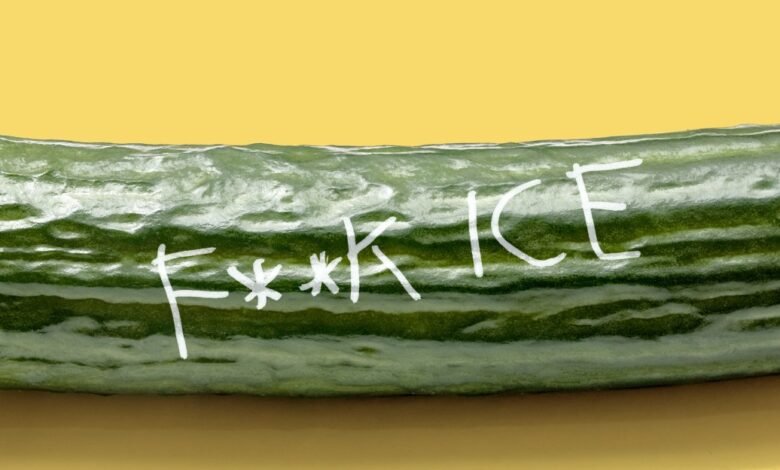 Cucumber with 'F**K ICE' written on it in white.