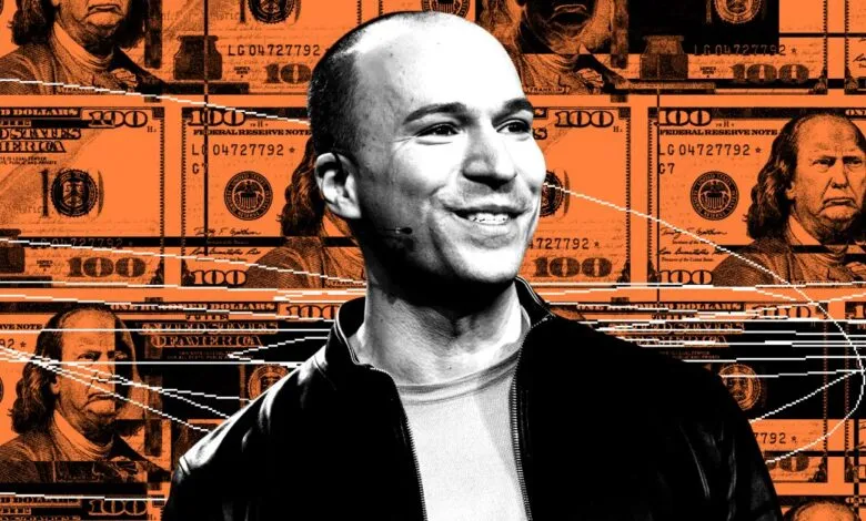 Portrait of a man with a background of stylized hundred-dollar bills.