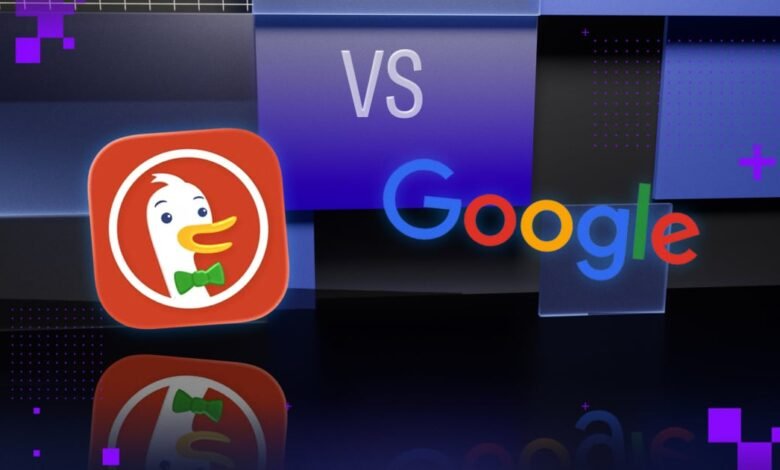 DuckDuckGo logo versus Google logo on a geometric background.