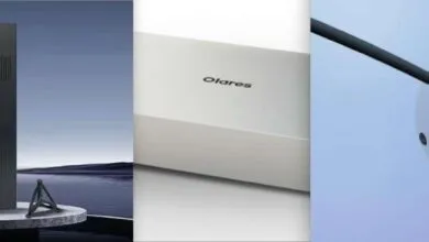 Split image: dark speaker by water, Olare box, light fixture against blue sky.