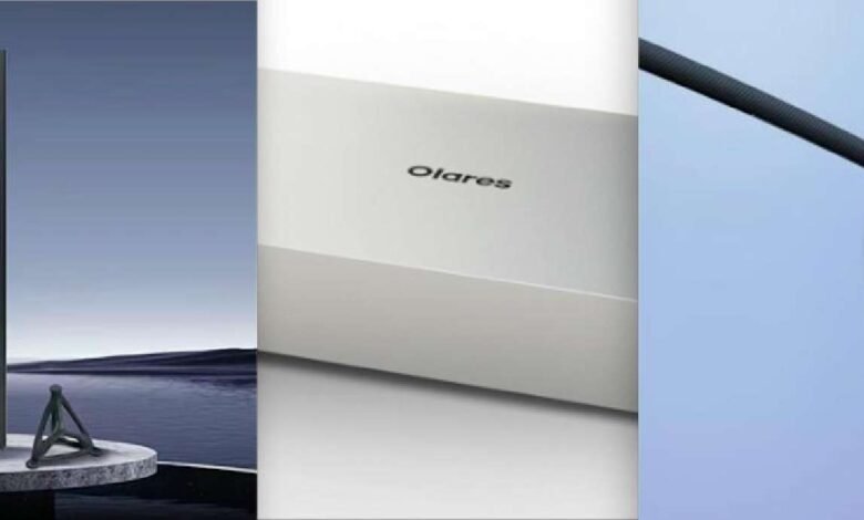 Split image: dark speaker by water, Olare box, light fixture against blue sky.