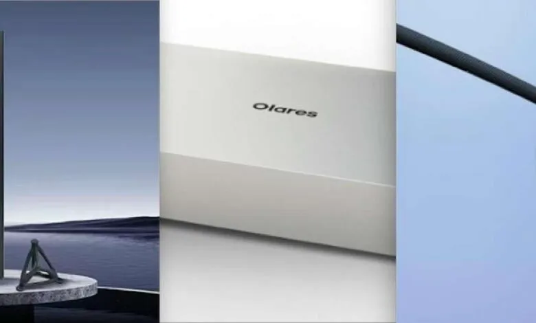 Split image: dark speaker by water, Olare box, light fixture against blue sky.