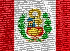 Peruvian flag overlaid with lines of computer code, creating a digital effect.