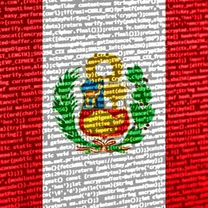 Peruvian flag overlaid with lines of computer code, creating a digital effect.