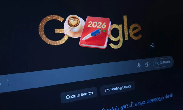 Google homepage with 2026 New Year's Doodle featuring coffee and diary.