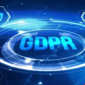 GDPR text in blue on a glowing, futuristic, circular interface.